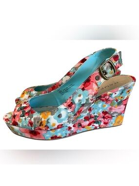 RAMPAGE Women’s Floral Wedge Slingback Platform Sz 9.5 Multicolor Peeptoe